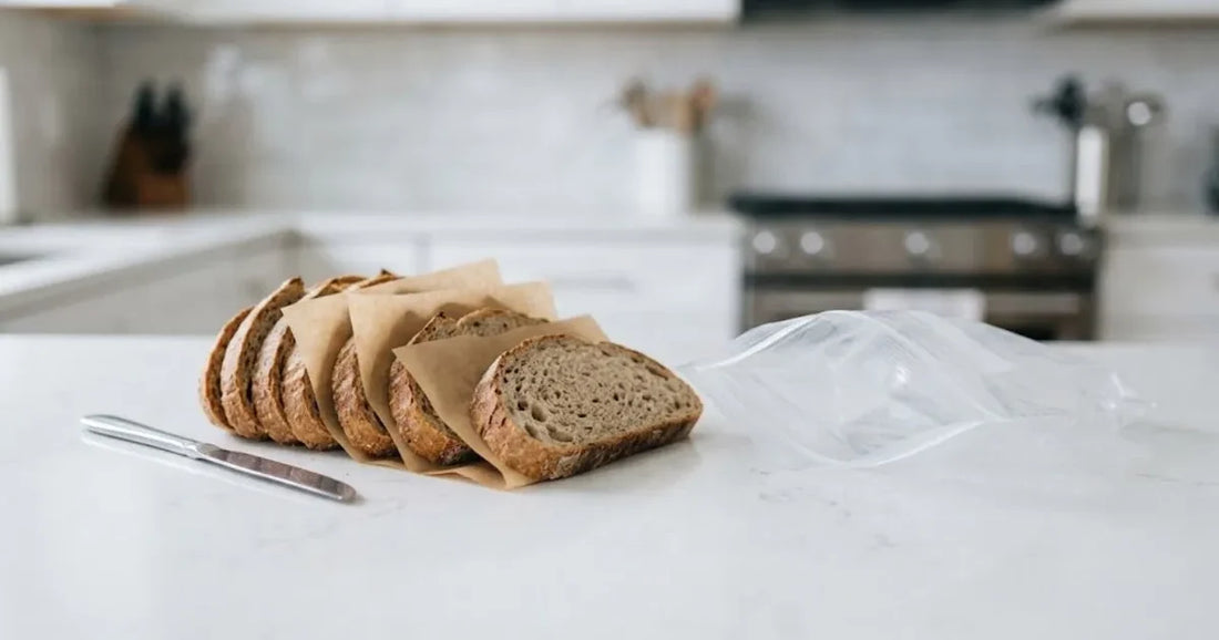 Fette di pane separate da carta forno accanto a un sacchetto per congelatore