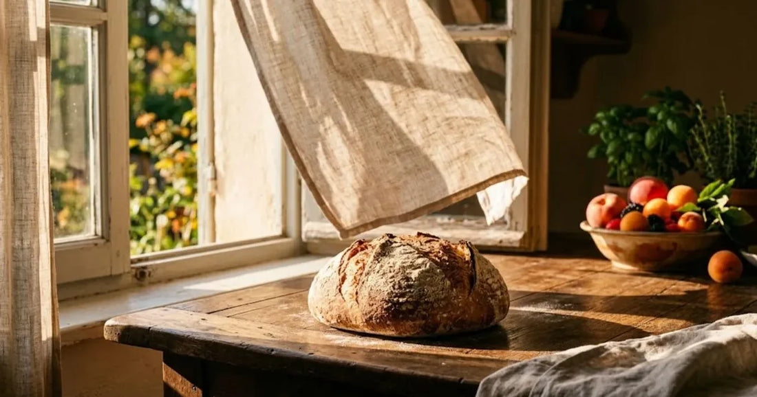 Pagnotta di pane su un davanzale di legno accanto a una finestra aperta d'estate