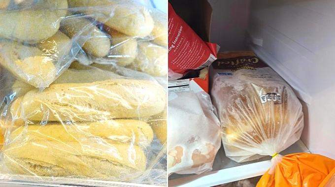 Fette di pane chiuse in sacchetti da congelatore pronte per essere riposte nel freezer