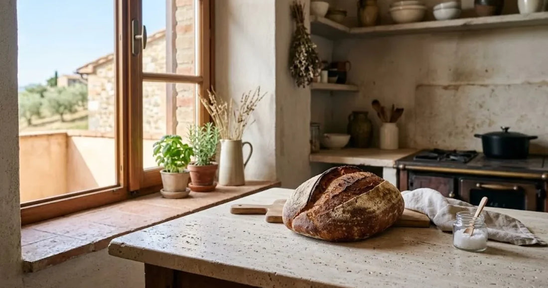 Pagnotta di pane su un piano di legno in una cucina luminosa, lontano dai fornelli