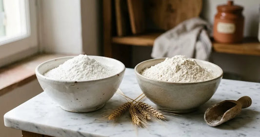Due ciotole di farina bianca a confronto, una più fine e una leggermente più scura