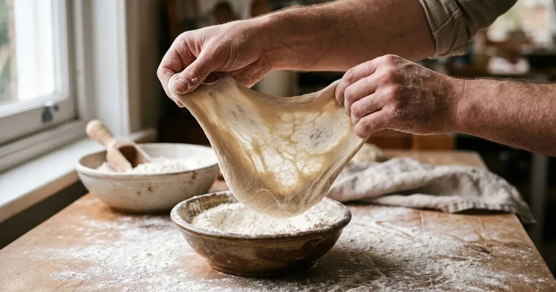 Mani che tendono un impasto elastico fatto con farina manitoba sopra una ciotola di farina