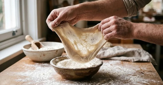 Mani che tendono un impasto elastico fatto con farina manitoba sopra una ciotola di farina