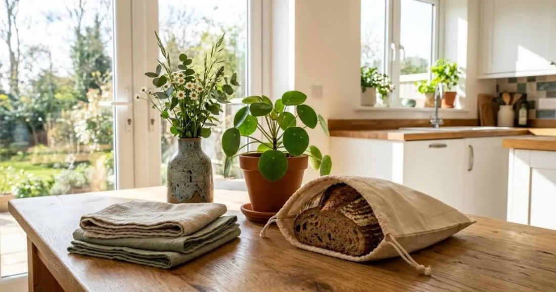 Cucina luminosa con canovacci di lino piegati, una pianta e una pagnotta in un sacchetto di cotone