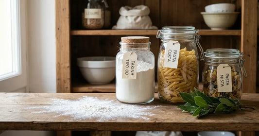 Barattoli di vetro per farina e pasta in dispensa, con farina sparsa sul ripiano di legno