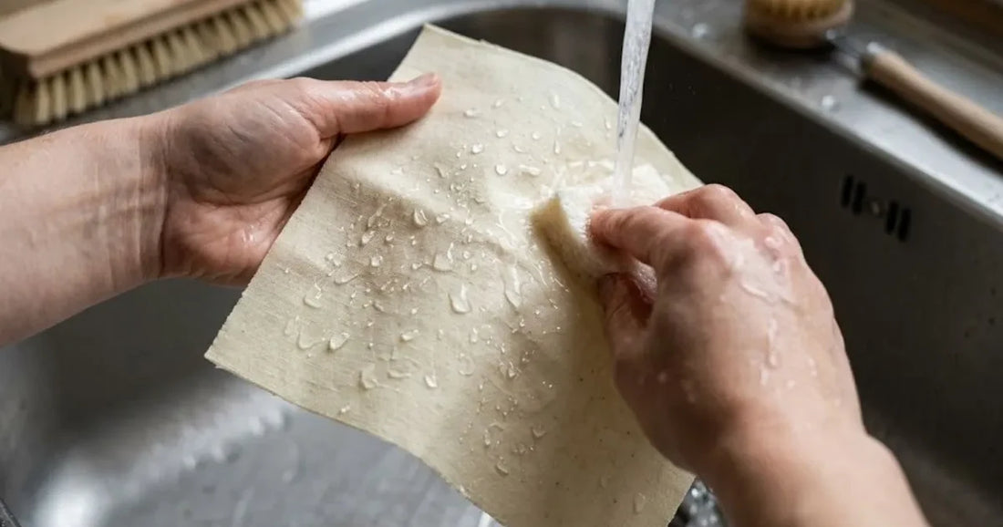 Mani che lavano un panno di cotone cerato sotto l'acqua fredda in un lavello