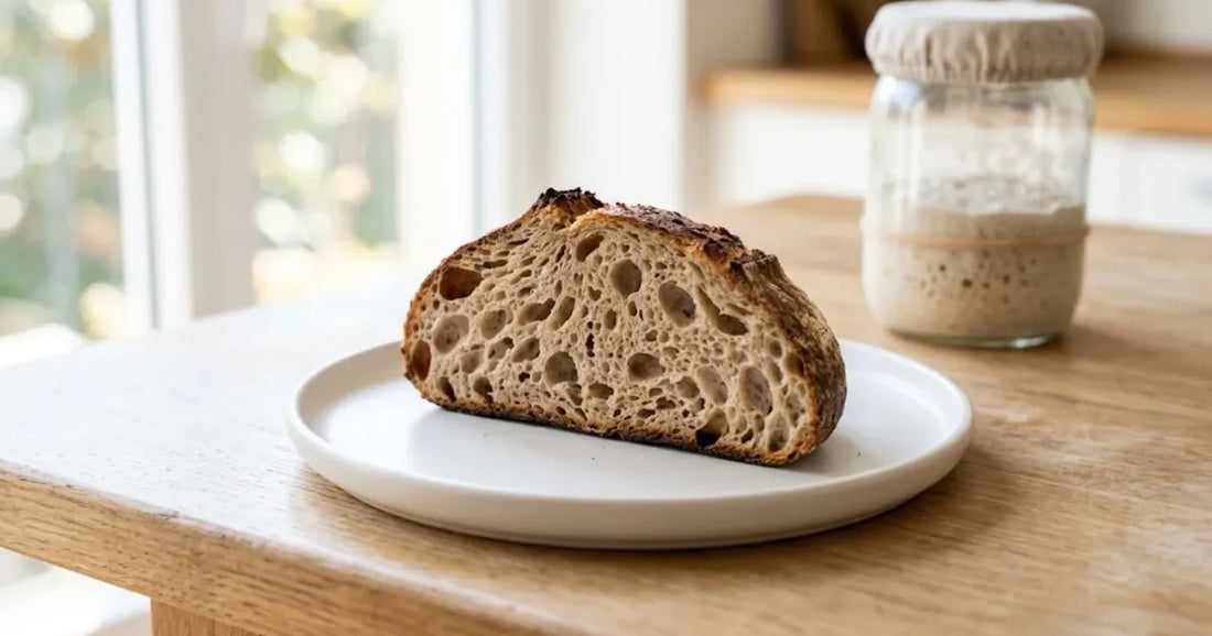 Fetta di pane a lievitazione naturale con mollica molto alveolata su un piatto bianco