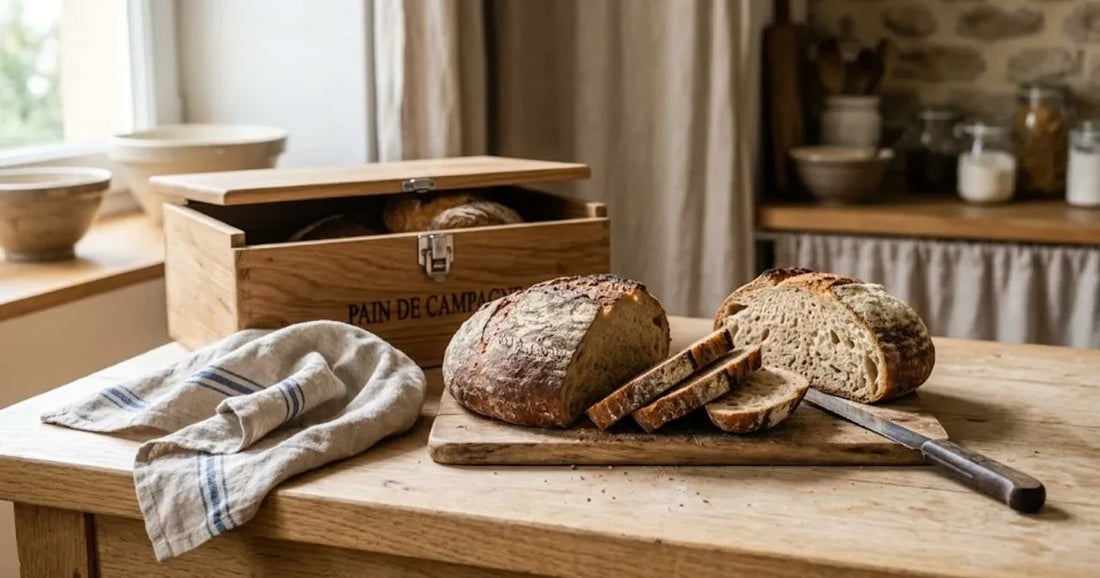 Pagnotta di pane casereccio affettata accanto a un portapane di legno e a un panno di lino