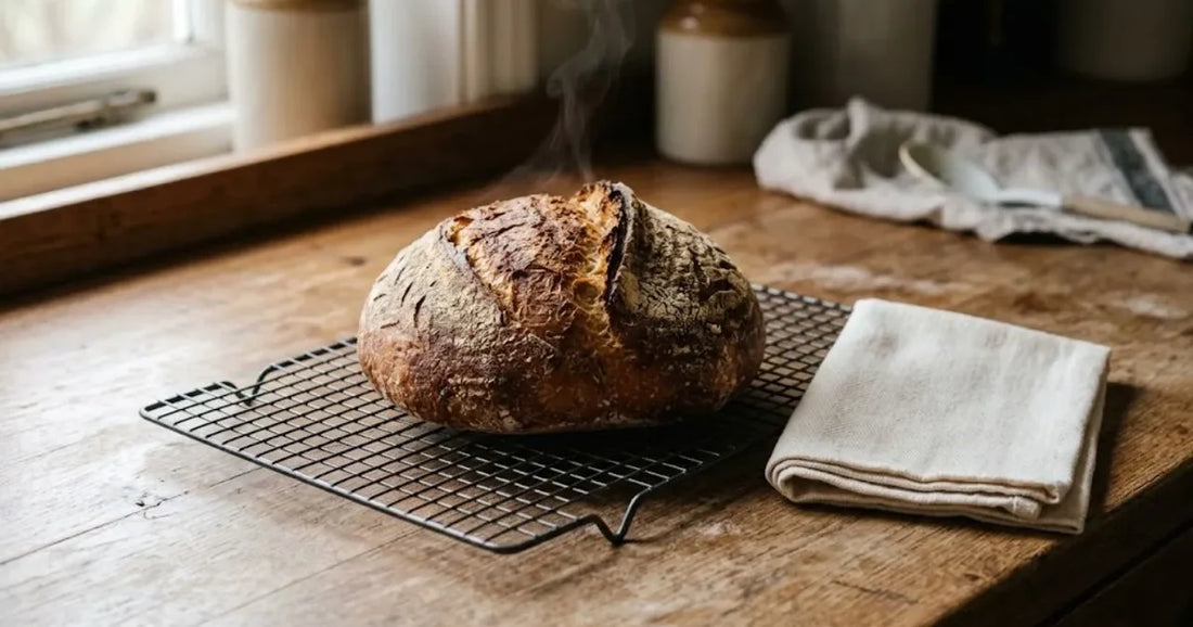 Pagnotta appena sfornata che raffredda su una griglia, con un panno di cotone piegato accanto