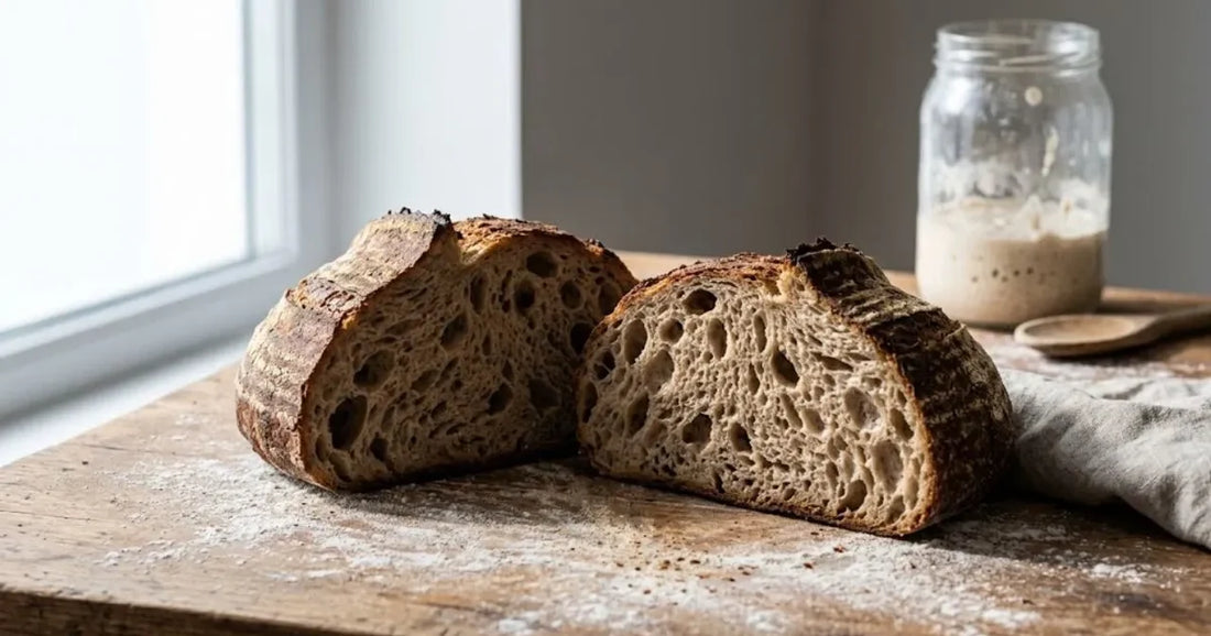 Pagnotta di pane a lievitazione naturale tagliata, con mollica alveolata e barattolo di lievito