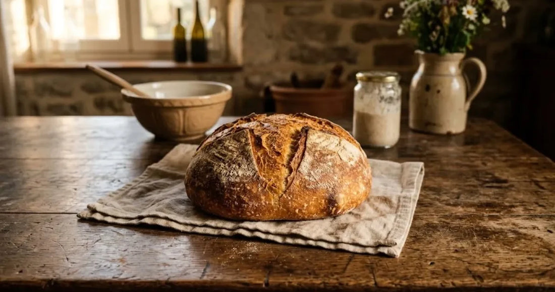 Grossa pagnotta di pane casereccio su un panno di lino, su un vecchio tavolo di legno