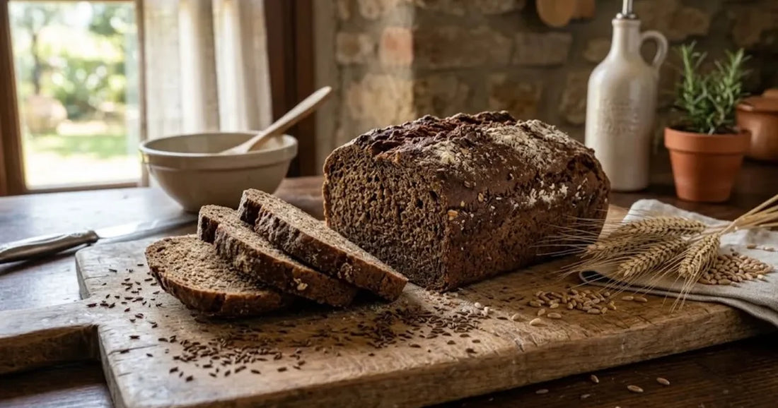 Pane di segale scuro in cassetta tagliato a fette su un tagliere di legno con semi e spighe