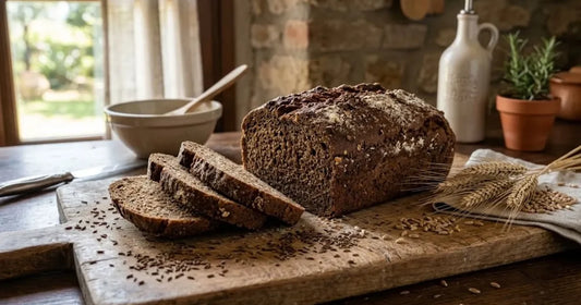 Pane di segale scuro in cassetta tagliato a fette su un tagliere di legno con semi e spighe