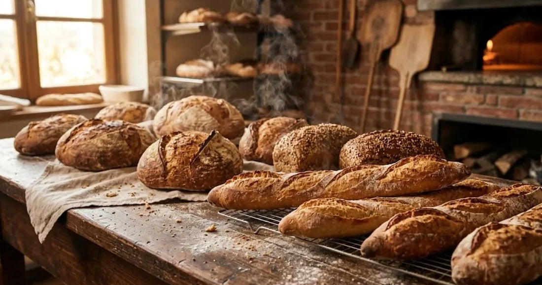 Pagnotte e baguette appena sfornate su un tavolo di legno davanti a un forno a legna