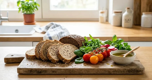 Fette di pane integrale ai semi su un tagliere con verdure fresche e olio d'oliva