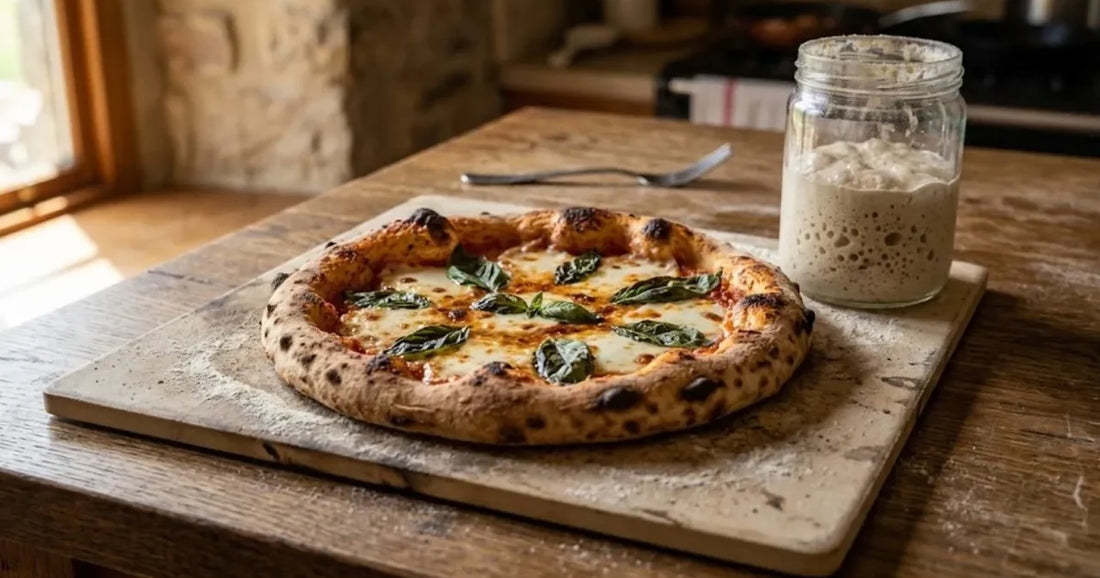Pizza appena sfornata su una tavola di legno, accanto a un barattolo di lievito madre