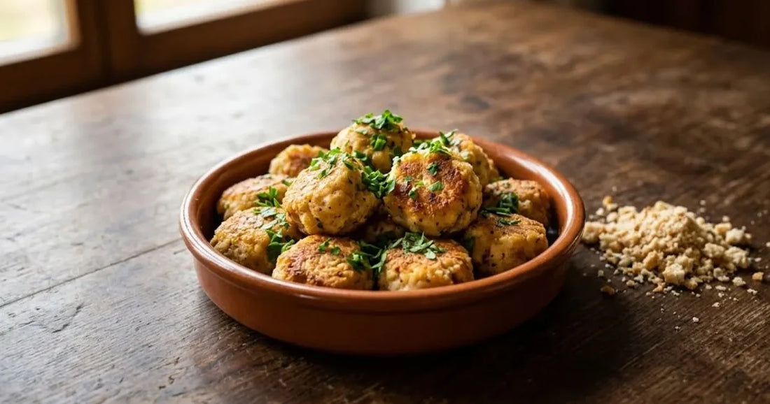 Polpette di pane raffermo dorate in un piatto di terracotta con prezzemolo fresco