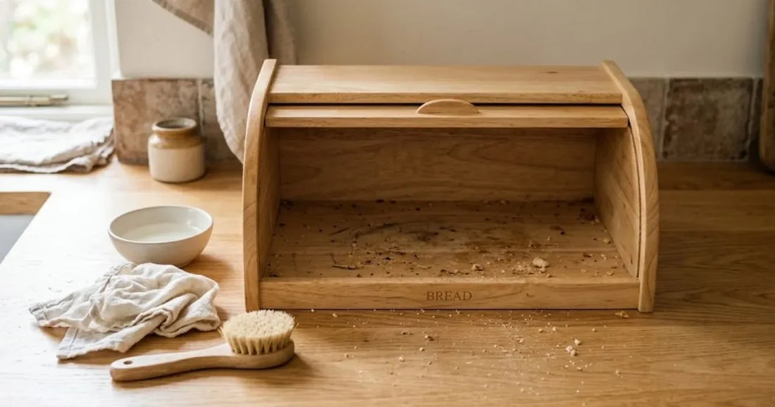 Portapane di legno aperto e vuoto durante la pulizia, con panno, spazzola e ciotola