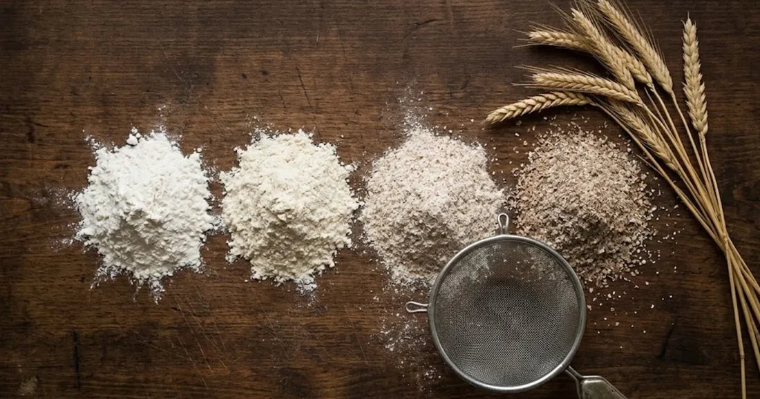 Quattro mucchietti di farine diverse, dalla più bianca all'integrale, con spighe di grano