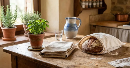 Tavolo di cucina con piante aromatiche, canovacci di lino e una pagnotta in un sacchetto di cotone