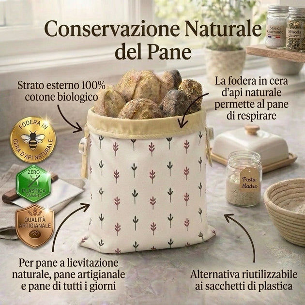 Sacchetto per il pane in cotone biologico con fodera in cera d'api, con le caratteristiche del tessuto
