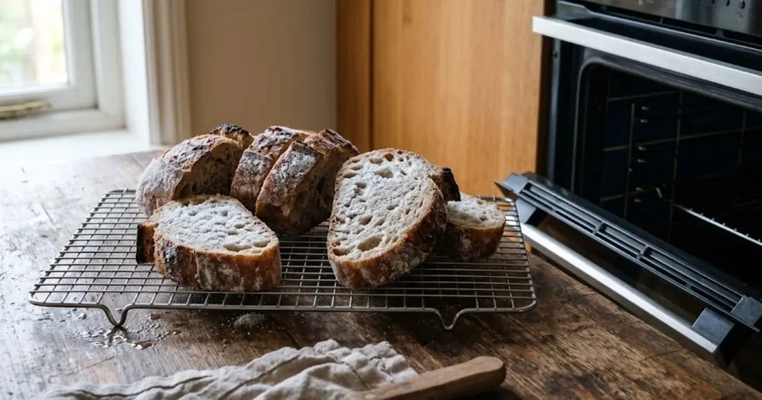 Fette di pane su una griglia davanti a un forno socchiuso, con condensa sulla crosta