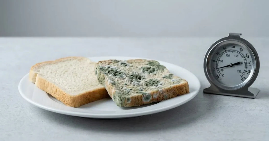 Due fette di pane su un piatto bianco, una ammuffita, accanto a un termometro da forno