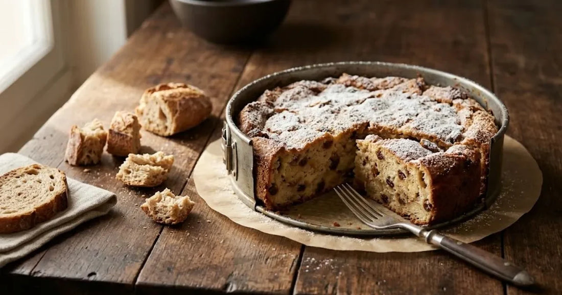 Torta rustica di pane raffermo in uno stampo, con una fetta tagliata e pane secco accanto
